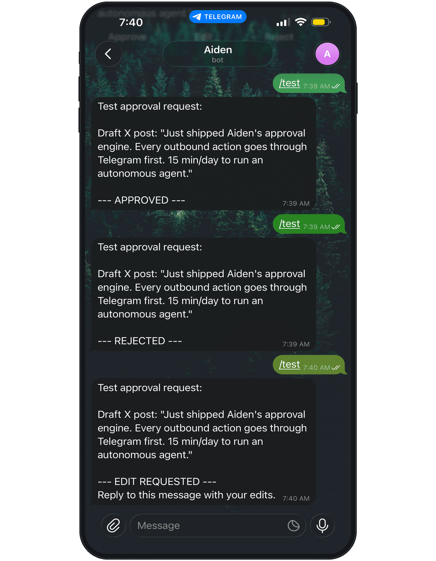Aiden sending a draft post for approval via Telegram, showing approved, rejected, and edit-requested states.